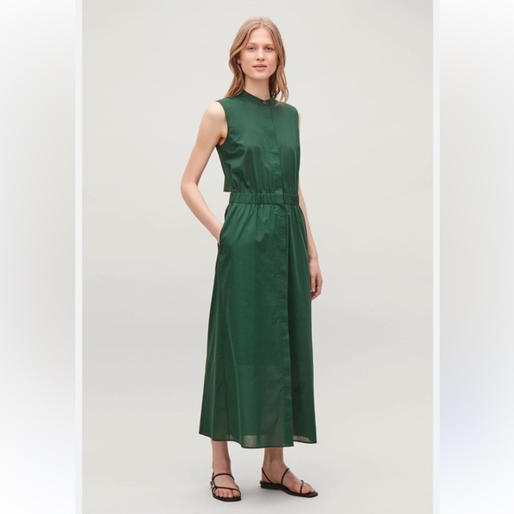COS Long Open-back Shirt Dress In Forest Green with pockets. Size M-L